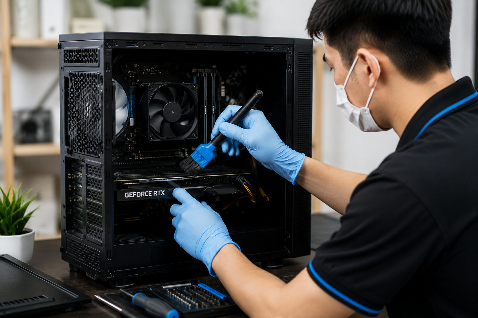 Kỹ thuật viên Vệ Sinh PC 247 đang vệ sinh máy tính tận nhà tại TP.HCM